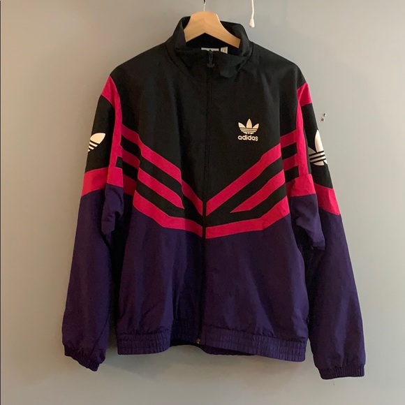 black adidas jacket with purple stripes